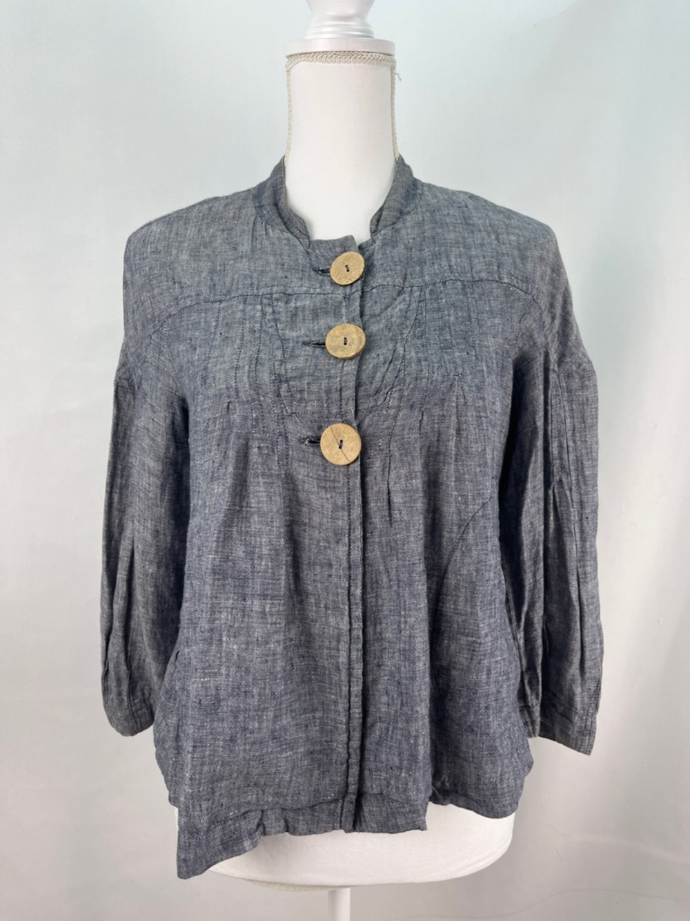 PINK TWILL 100% Linen Lagenlook Swing Jacket Pleated Boho Chambray Blue
